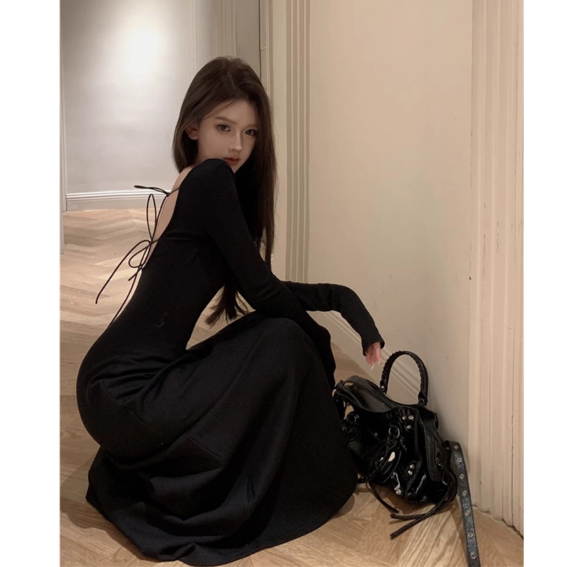 Hepburn-Style Backless Long-Sleeve Dress for Women, 2024 Spring and Autumn New Style, Waist-Cinching, Elegant Design, A-Line Long Dress Hepburn-Style Backless Long-Sleeve Dress for Women, 2024 Spring and Autumn New Style, Waist-Cinching, Elegant Design, A-Line Long Dress
