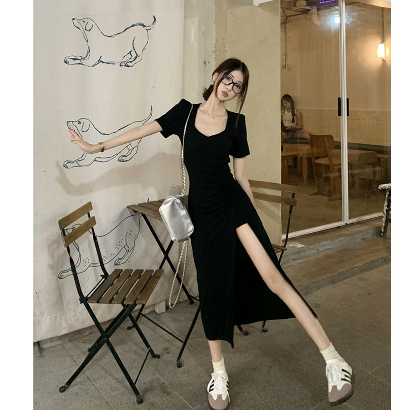 Trendy V-Neck Black Dress for Women, 2024 Summer New Style, Elegant Slit, Sexy Bodycon Long Dress
