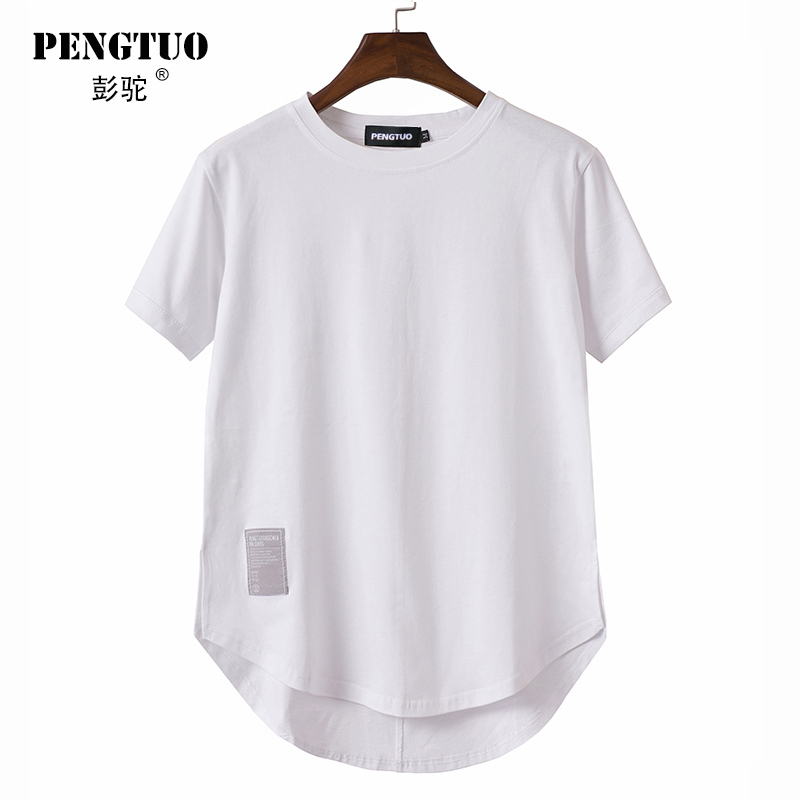 Trendy Brand White Short-Sleeve T-Shirt with Curved Hem, Short in Front and Long in Back, Loose Fit for Men, Layered Style with Slit Design
