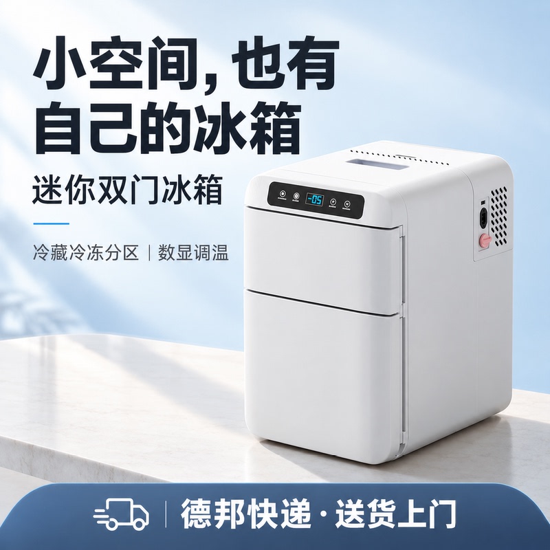 Eoopu Mini Double-Door Refrigerator for Car and Home Use, Small Space Refrigeration and Freezing Partition, Portable Cooler for Office