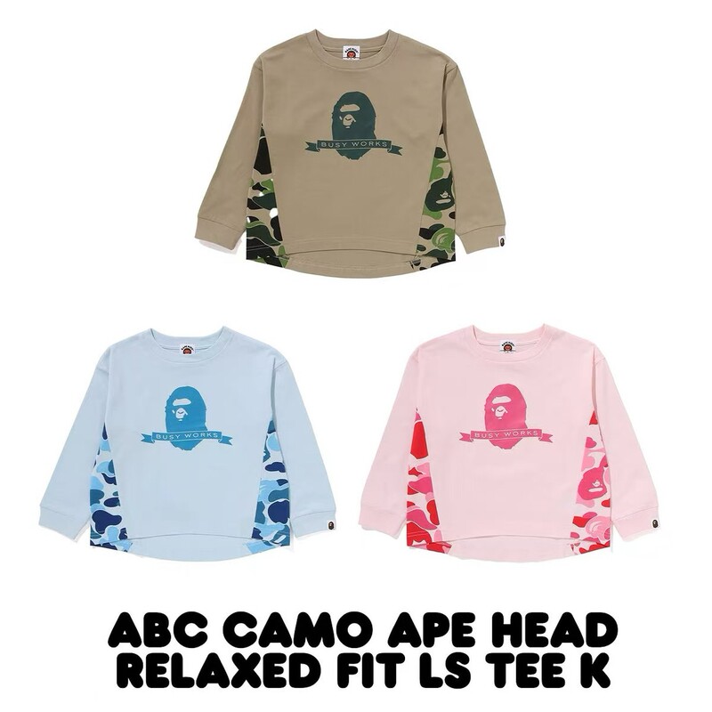 [Domestic Stock] Japanese Trendy Brand Bape Children's Clothing Authentic Camouflage Ape Patchwork Crew Neck Long-Sleeve T-Shirt