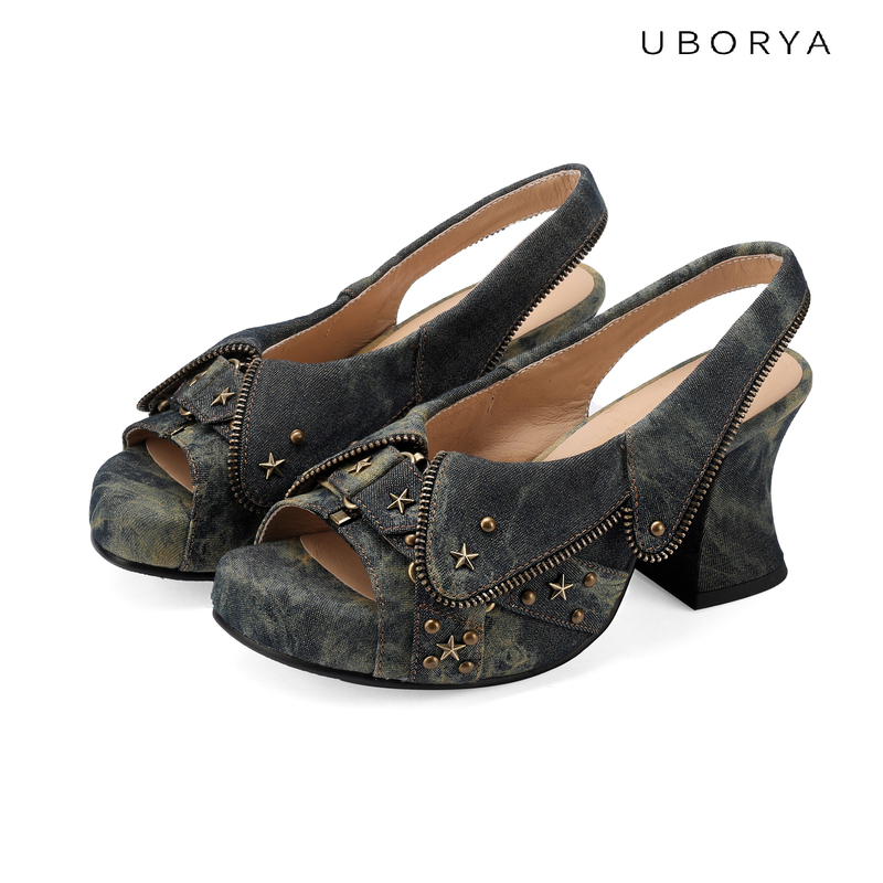 Uborya Designer Original/Comic Girl Punk Dreamcore Denim Wasteland Y2K Peep-Toe High-Heeled Women's Sandals