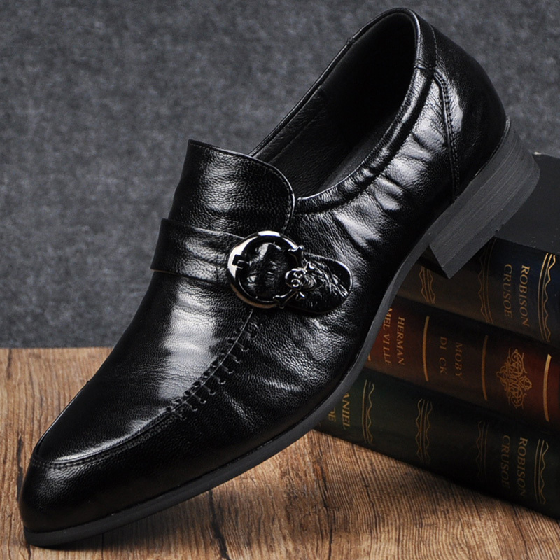 First-Layer Sheepskin Men's Shoes, Korean Style British Fashion Shoes, Four-Season Genuine Leather Breathable Slip-On Black Casual Business Formal Leather Shoes