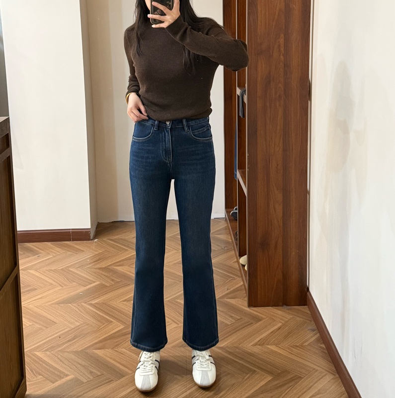 Dark Blue Four-Way Stretch Petite Denim Flared Pants 2025 Korean Style High-Waisted Slimming Flared Pants Ec0078