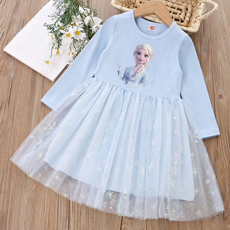 2026 Spring and Autumn New Girls' Dress Elsa Princess Dress Girls' Tulle Dress Frozen Elsa Long Sleeve Dress Baby