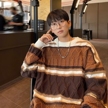 Japanese retro couple sweater autumn and winter new stripe contrasting lazy style oversize sweater sweater Japanese retro couple sweater autumn and winter new stripe contrasting lazy style oversize sweater sweater
