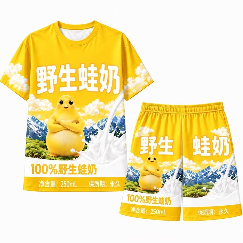 Internet-Famous Wild Frog Milk Emoji Set, Milk Frog Prank T-Shirt and Shorts Full Set, Silly Creative Quick-Drying Two-Piece Set Internet-Famous Wild Frog Milk Emoji Set, Milk Frog Prank T-Shirt and Shorts Full Set, Silly Creative Quick-Drying Two-Piece Set