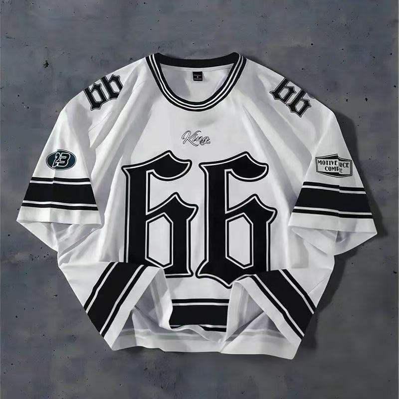 Rugby 66 Ice Hockey Short-Sleeved American Retro Unisex Patchwork Loose Casual Hip-Hop Sports T-Shirt Jersey