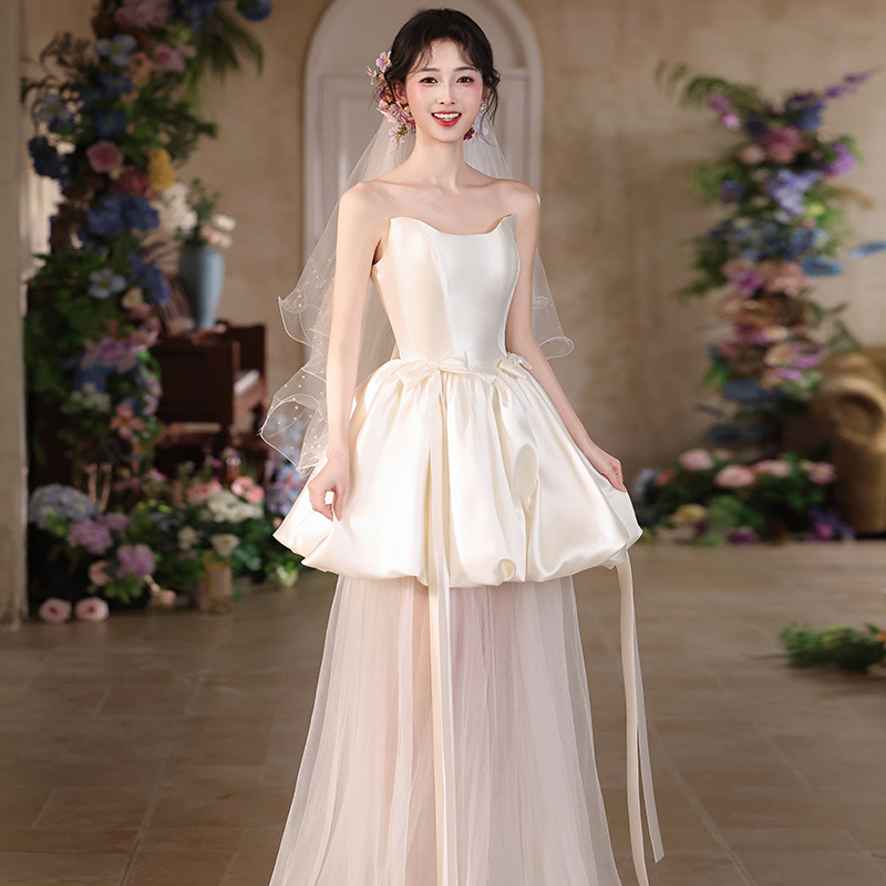 French Satin Strapless Light Wedding Dress 2026 New Style Bride Wedding Engagement Registration Dress Forest Style Two-Wear Dressing Gown French Satin Strapless Light Wedding Dress 2026 New Style Bride Wedding Engagement Registration Dress Forest Style Two-Wear Dressing Gown
