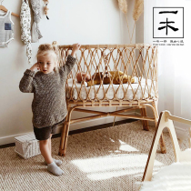 Japanese style ins natural rattan baby princess bed retro handmade baby and children rattan bed heightened fence shooting
