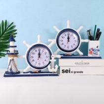 Mediterranean Wood-clock Living Room Pendulum with Nautical Rudder Lighthouse at the helm Childrens room table clock for childrens room