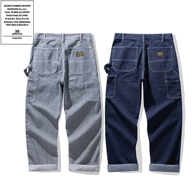 Okonkwo Original Color Denim Railroad Worker Pants Amekaji Multi-Pocket Striped Work Pants Outdoor Work Pants