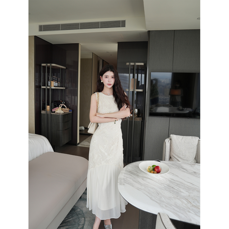 Kun Zong【Weekend in Victoria Harbor】French-Style Dress for Women, Summer High-End Sequin Lace Long Dress, Waist-Cinching Elegant Dress Kun Zong【Weekend in Victoria Harbor】French-Style Dress for Women, Summer High-End Sequin Lace Long Dress, Waist-Cinching Elegant Dress