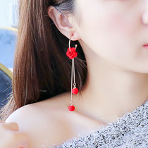 Retro Hong Kong Style Earrings Red Flowers Pearl Long Earrings Bride Wedding Earrings 2020 New Fashion Women