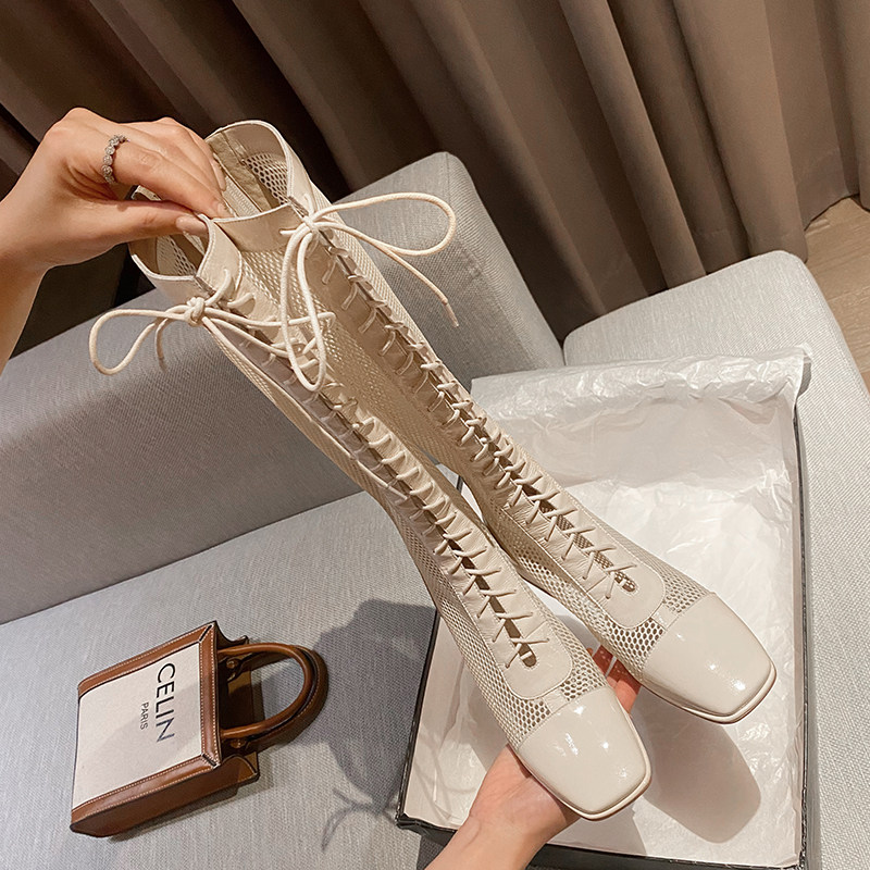 Coarse Heel Mesh Red Long Boots Summer Boots Children 100 hitch Breathable Thin slim Thin Long Cylinder Boots Genuine Leather Mesh Yarn High Cylinder Cool Boots