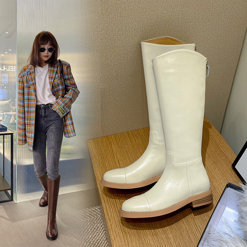 2022 new camellia boots women's knee-high leather flat knight boots women's tall spring and autumn brown high boots