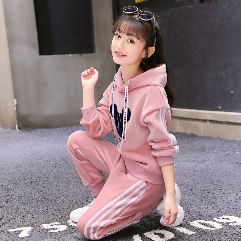 Girl Gold Velvet Suit Autumn winter new CUHK Double Face Suede Plus Suede Thickened Children's Pants Thick Cotton T Two sets