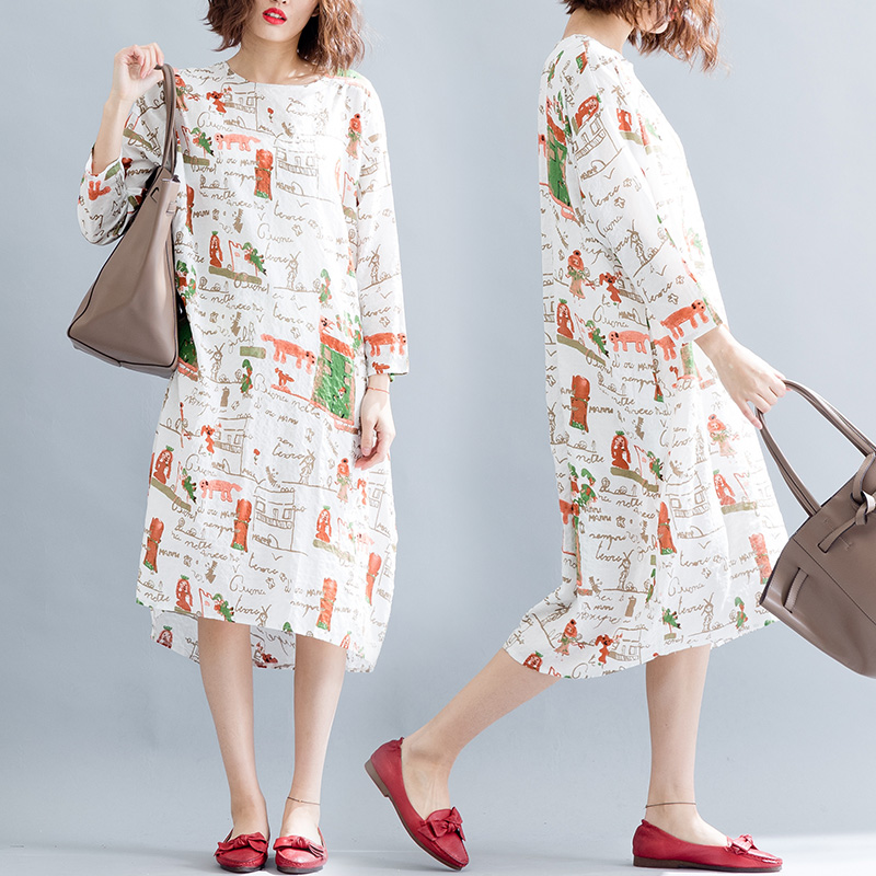 2018春新款小清新的大码宽松抽象卡通印花胖mm亚棉麻长袖连衣裙夏