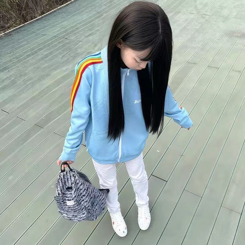 2025 Trendy Student Fashion Brand Spring and Autumn Same Style Angel Jacket Rainbow Stripe Unisex Sweatshirt Stand Collar Sports Jacket
