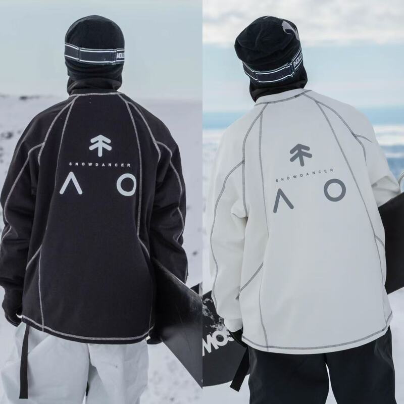 Snow Ski Sweatshirt Black and White Hasselblad Line Loose Snowboard Clothing for Men and Women Fleece-Lined Indoor Skiing Top Double Board