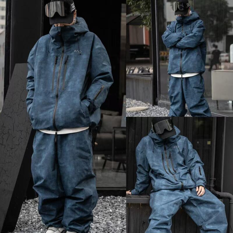 Snow-Proof Denim-Colored Ski Suit for Men and Women, Snowboard Suit with Fleece Lining, Waterproof and Windproof Ski Pants, Double-Board Suit