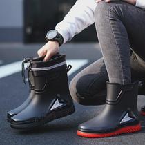 Winter fashionable rain boots for men waterproof drawstring fishing water shoes with velvet cover warm anti-slip rubber shoes flat-soled rain boots trendy