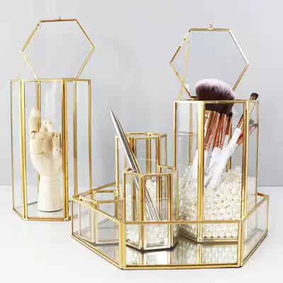 Geometric copper strip brush barrel Beauty brush barrel makeup brush Nordic ins storage box pen holder multi-function table decoration