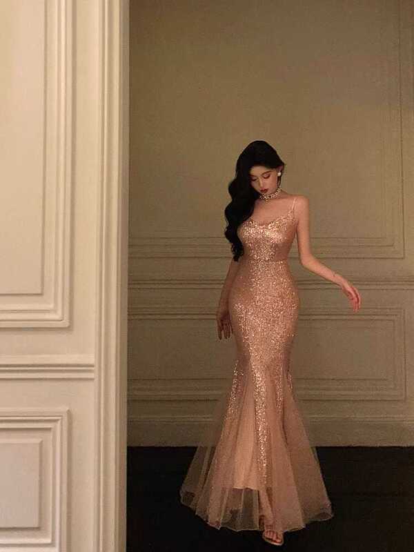Sequined Mesh Spaghetti Strap Dress, Feminine and Versatile, 2024 Summer New Style, Niche Style, Elaborate Fishtail Long Dress