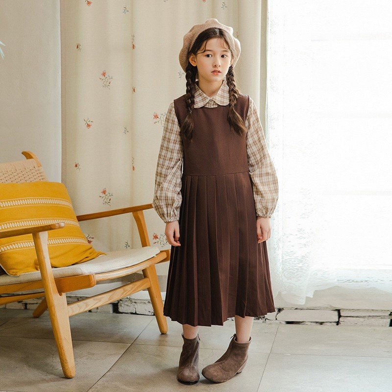 South Korean girls suit 2021 fall new CUHK child plaid shirt with baby bag Two-style ocean dress surges