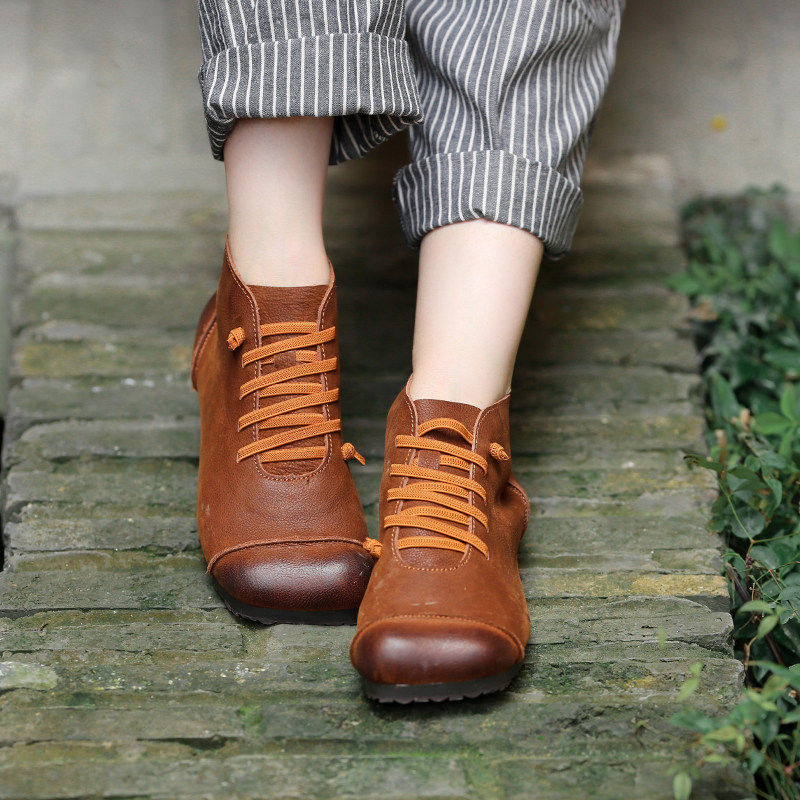 Detox home Shoe rope art Cowhide soft-soled flat leather warm plus plush short boots ladies tall Martin boots women