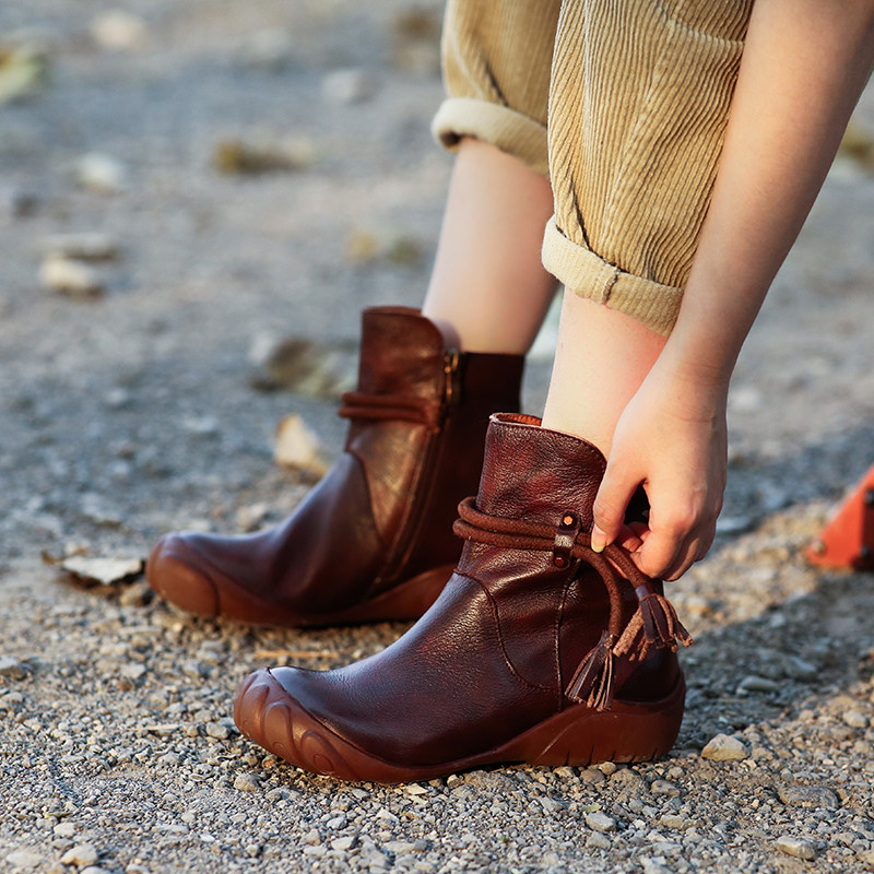 Detox home go wild cowhide short boots women's retro leather women's boots wedge heel handmade women's shoes single boots autumn new style