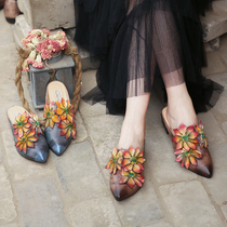 Detoxification home flowers blooming at the feet cowhide pointed flowers middle heels thick heels leather sandals and slippers for women to wear in summer