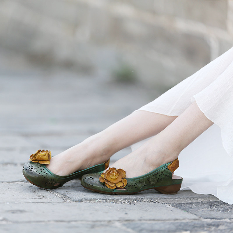 Detoxification home beautiful but not charming cowhide retro flower hollow heel comfortable leather sandals women's ethnic style women's shoes