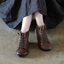 Detox home for comfort cowhide flat retro short boots plus velvet Martin boots womens leather autumn and winter cotton shoes women