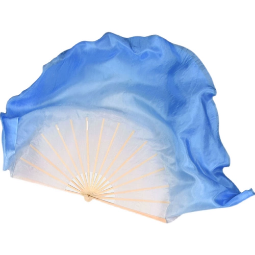 Настоящий шелковый танец фанат светло -голубой градиент двойной плюс растущий классический танец Длинный фанат Jiazhou Yangge Dancing Fan Silk Scarf