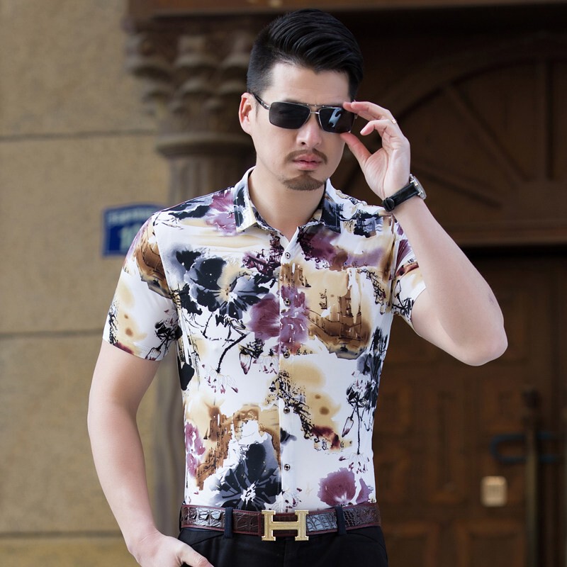 2026 New Summer Men's Short-Sleeved Floral Shirt Plus Size Casual Korean Style Floral Short-Sleeved Floral Shirt for Men