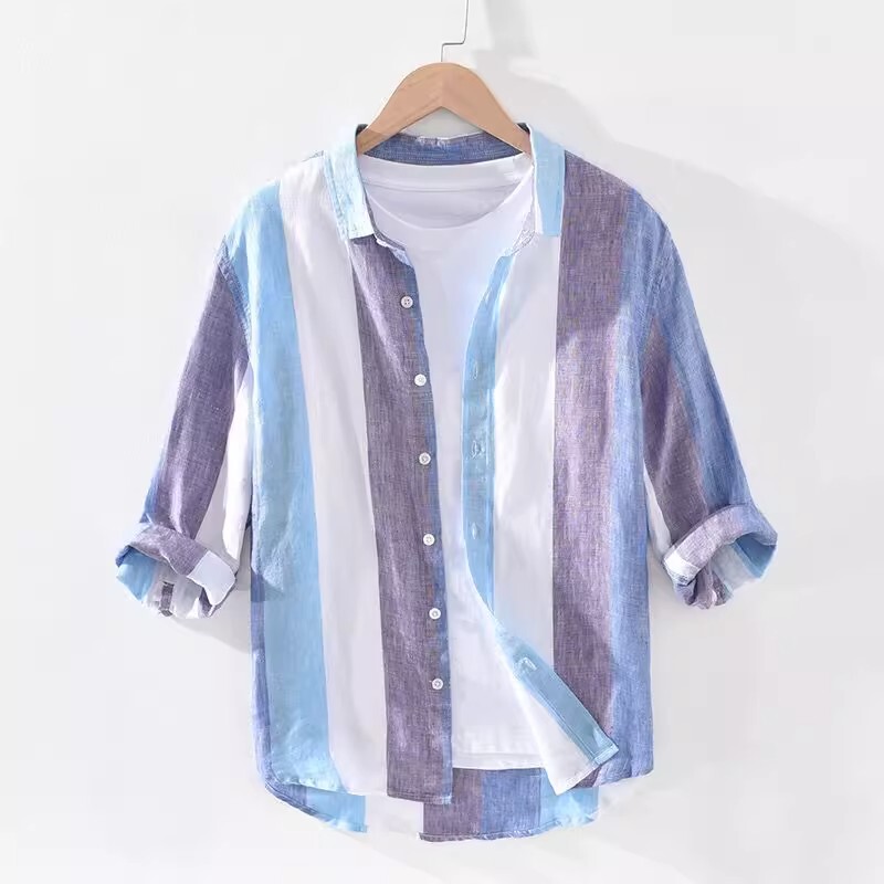 Vertical Striped Pure Linen Three-Quarter Sleeve Shirt for Men, Summer Thin Ice Silk Short-Sleeve Shirt with a Unique Design, Trendy and Stylish Vertical Striped Pure Linen Three-Quarter Sleeve Shirt for Men, Summer Thin Ice Silk Short-Sleeve Shirt with a Unique Design, Trendy and Stylish