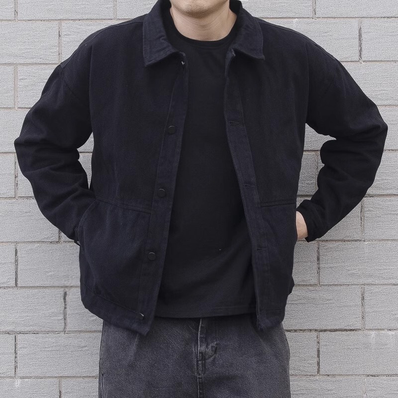 Japanese Retro Denim Jacket for Men, Trendy Black Stylish Outerwear, Loose Workwear Jacket, Thin Spring and Autumn Style