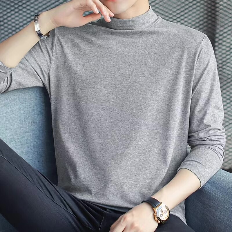 Autumn Long-Sleeved T-Shirt for Men, Solid Color Autumn Shirt, Pure Cotton Modal, Half-High Collar, Trendy Korean Style, Thin Mid-Collar Base Shirt Autumn Long-Sleeved T-Shirt for Men, Solid Color Autumn Shirt, Pure Cotton Modal, Half-High Collar, Trendy Korean Style, Thin Mid-Collar Base Shirt