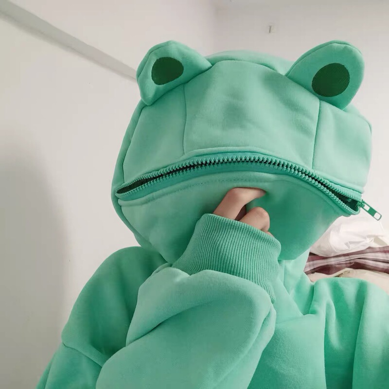 Cartoon Frog Head Fleece-Lined Thickened Hoodie for Women and Men, Autumn and Winter, Quirky Student Class Uniform, Trendy Streetwear, Couple Style