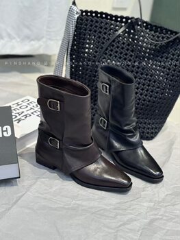 Polaroid 2025 new leather women's shoes casual and comfortable pointed toe thick heel short boots fashionable women's boots