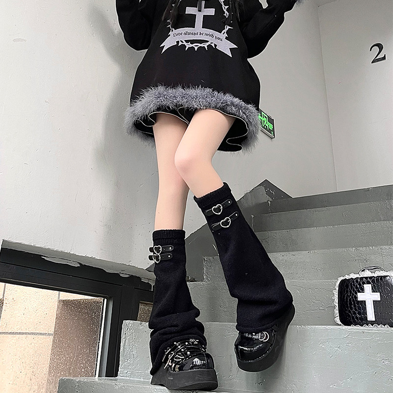 ハート型レザーバックルソックス、JKスタイルロングソックス、日本製ニットY2Kスタイル、サブカルチャーレッグウォーマー、セクシーなふくらはぎ用ソックス