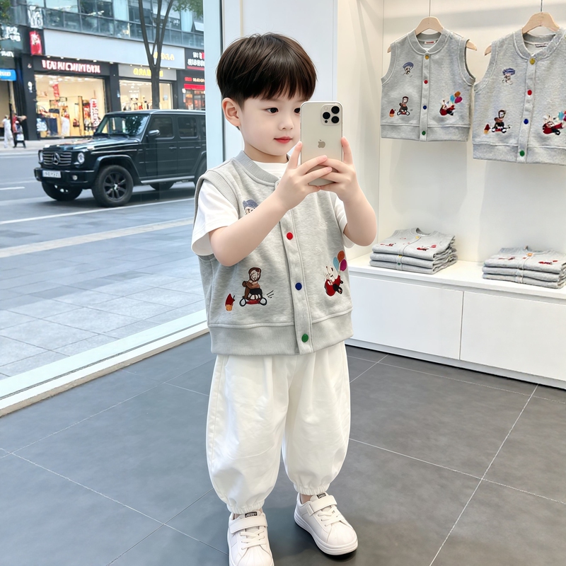 2026 Japanese-Style Cute Children's Embroidered Vest Spring and Autumn Models for Boys and Girls, Adorable Dog Design Outerwear Vest, Fashionable Sleeveless Jacket