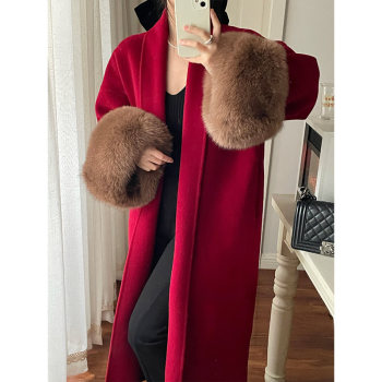 过年大红色狐狸毛袖口双面羊毛大衣2024新款长款手工澳毛外套新娘