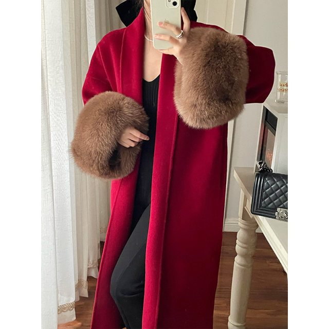 过年大红色狐狸毛袖口双面羊毛大衣2024新款长款手工澳毛外套新娘