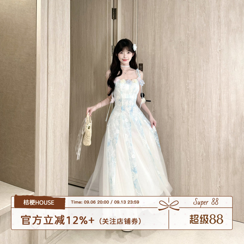 Platycodon House Sea Salt Mansha Three-Dimensional Floral Tie Strap Dress Blue and White Mesh Waist-Cinching Long Dress