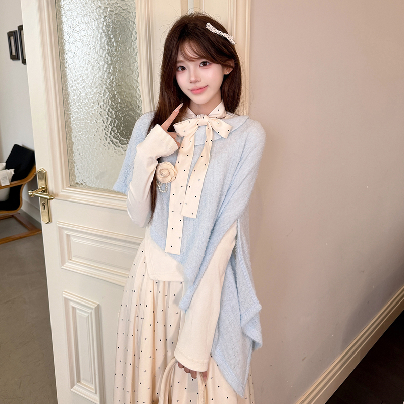 Platycodon House Southern French Holiday Blue Shawl Knitted Turtleneck Base Shirt Polka Dot Long Skirt Three-Piece Set Platycodon House Southern French Holiday Blue Shawl Knitted Turtleneck Base Shirt Polka Dot Long Skirt Three-Piece Set