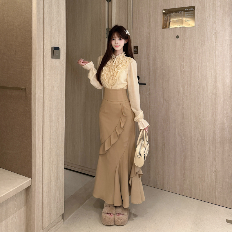 Platycodon House Cocoa Toffee Lotus Leaf Collar Tie-Up Shirt High-Waisted Ruffled Fishtail Long Skirt Two-Piece Set Platycodon House Cocoa Toffee Lotus Leaf Collar Tie-Up Shirt High-Waisted Ruffled Fishtail Long Skirt Two-Piece Set