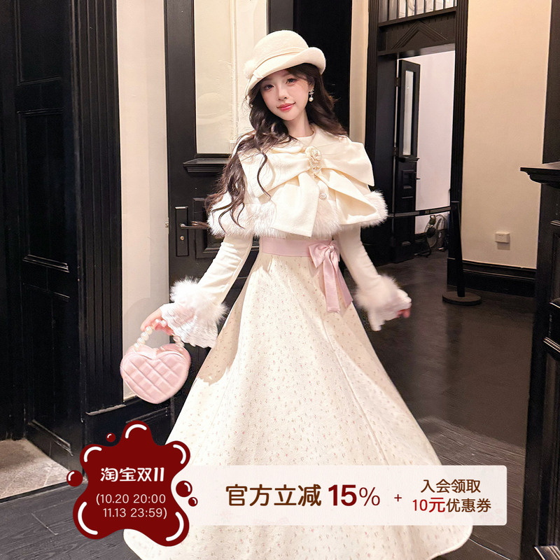 Platycodon House Sweet Flower Sweet Pea Sweet and Elegant Bowknot Woolen Coat Cape Dress Set for Women