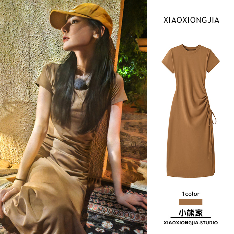 花と青春、ディリレバ、同じスタイルのコーヒー色のドレス、女性用スリムフィット、プリーツウエスト、マイラールミディアム丈スカート